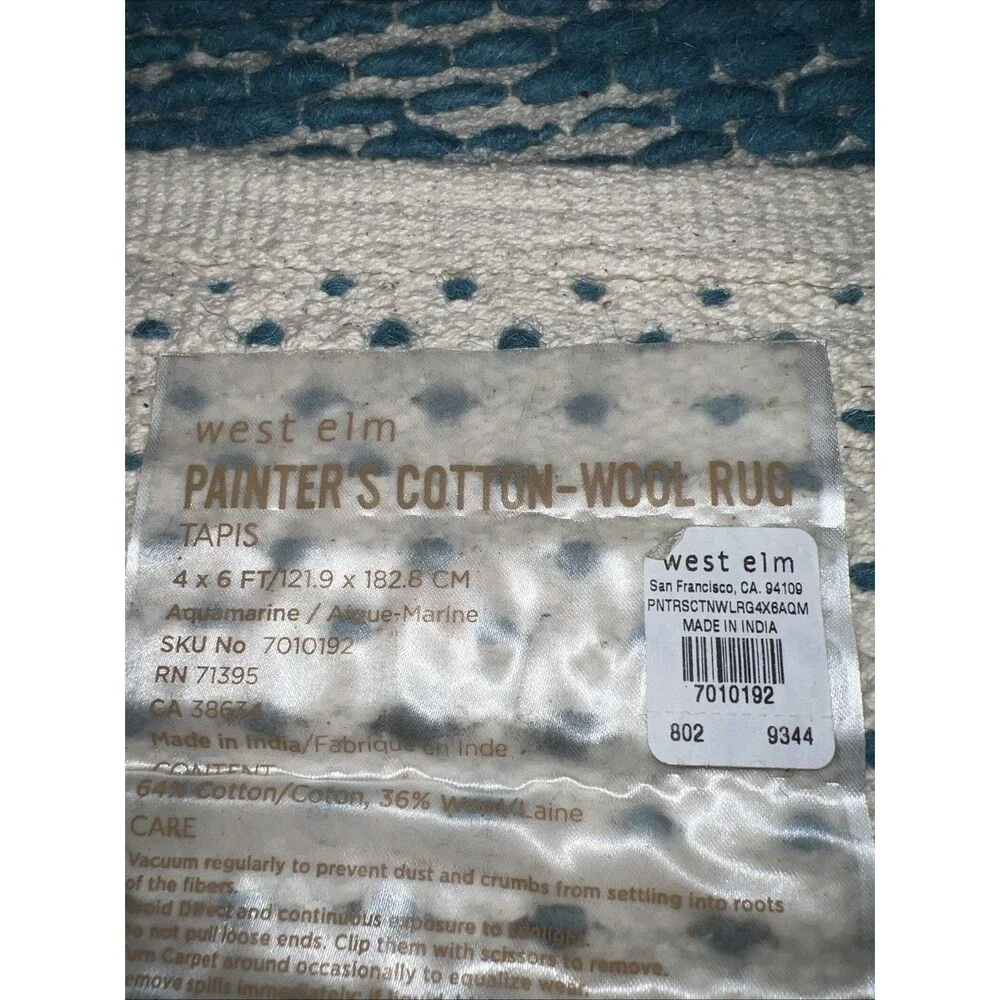 West Elm Painters Cotton Wool Area Rug 4x6 Handcrafted Teal Cream GCU